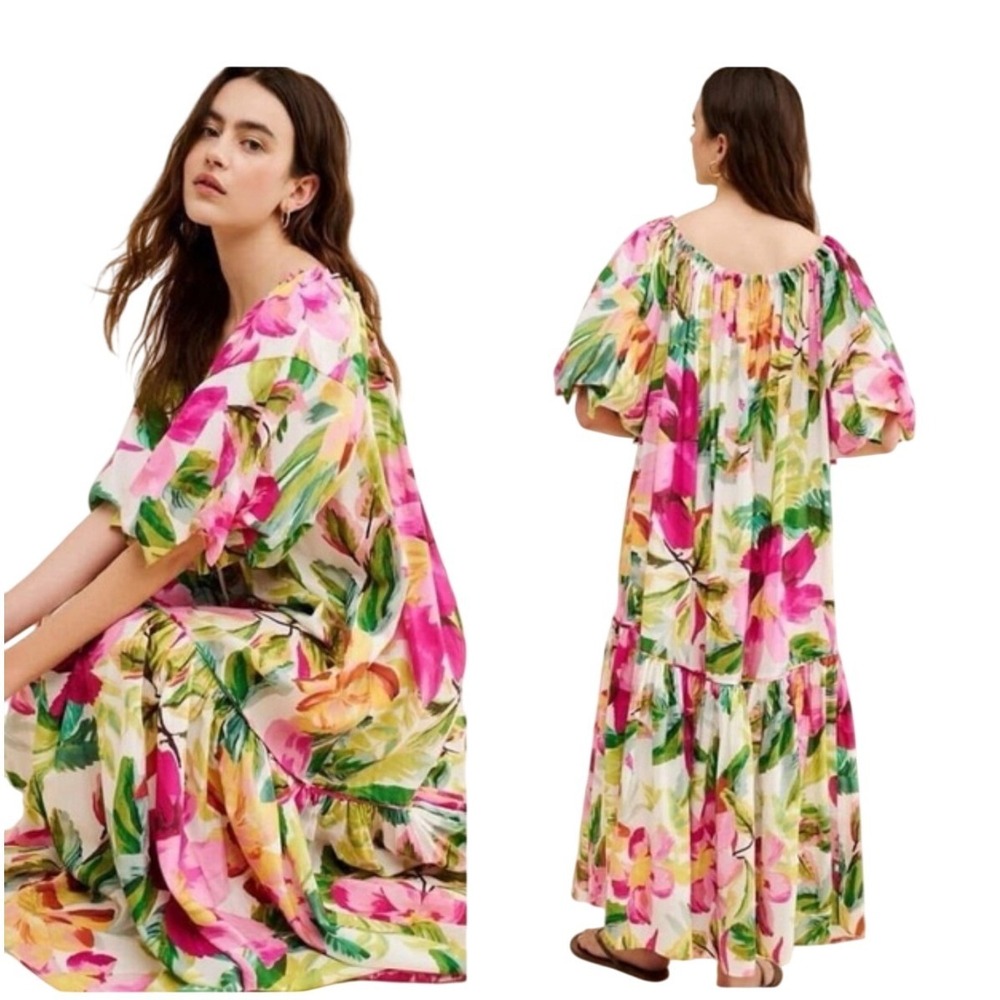 Farm Rio NWT SZ XS Off White Painted Flowers Maxi Dress Off Shoulder Puff Sleeve - Picture 2 of 16